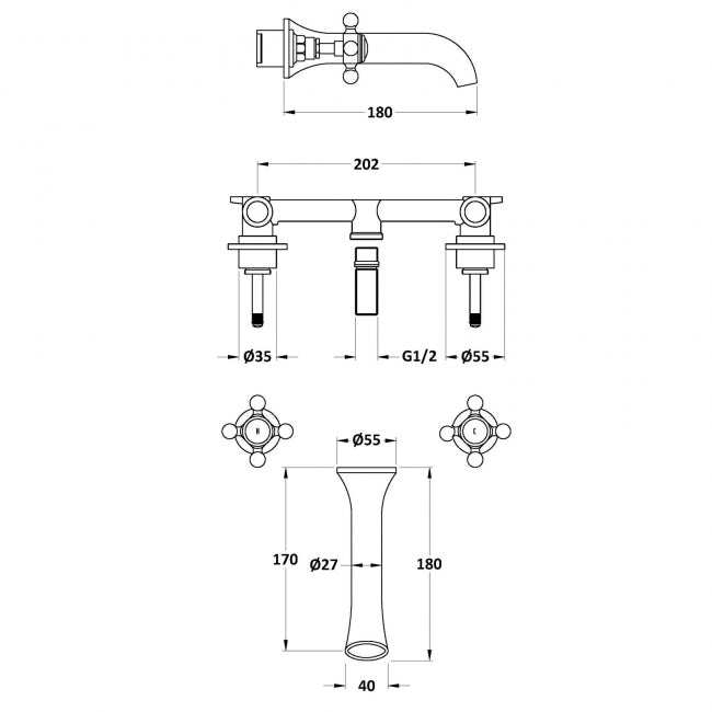 Crawford Black Topaz Crosshead 3-Hole Basin Mixer Tap Wall Mounted - Chrome