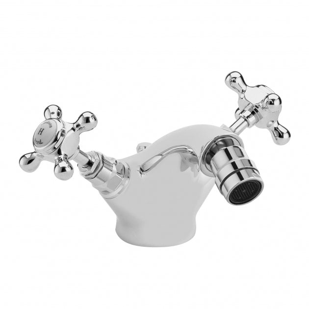 Crawford Topaz Hexagonal Collar Bidet Mixer Tap with Waste Crosshead Handle - White/Chrome