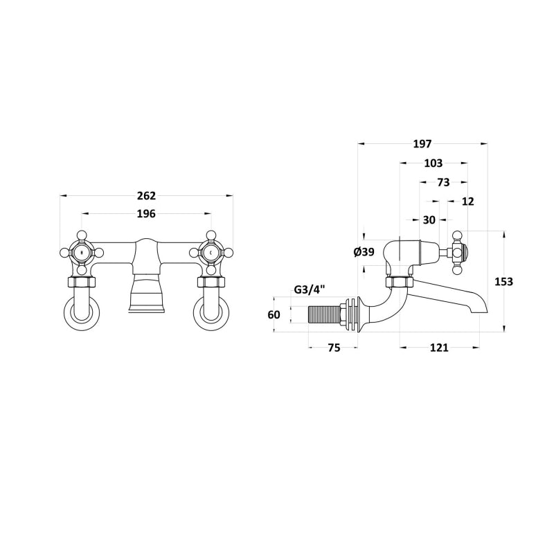 Crawford White Topaz Wall Mounted Crosshead Bath Filler Tap - Chrome