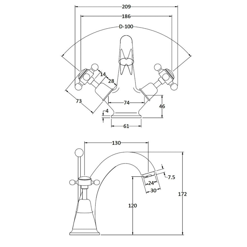 Crawford Topaz Black Crosshead Mono Basin Mixer Tap Dome Collar with Waste - Chrome