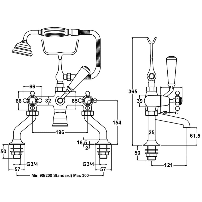 Crawford Topaz Black Crosshead Bath Shower Mixer Tap with Shower Kit Dome Collar