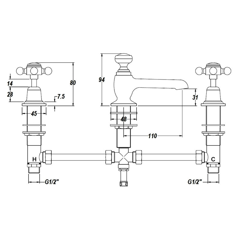 Crawford Topaz Black Crosshead 3-Hole Basin Mixer Tap with Pop Up Waste Hexagonal Collar