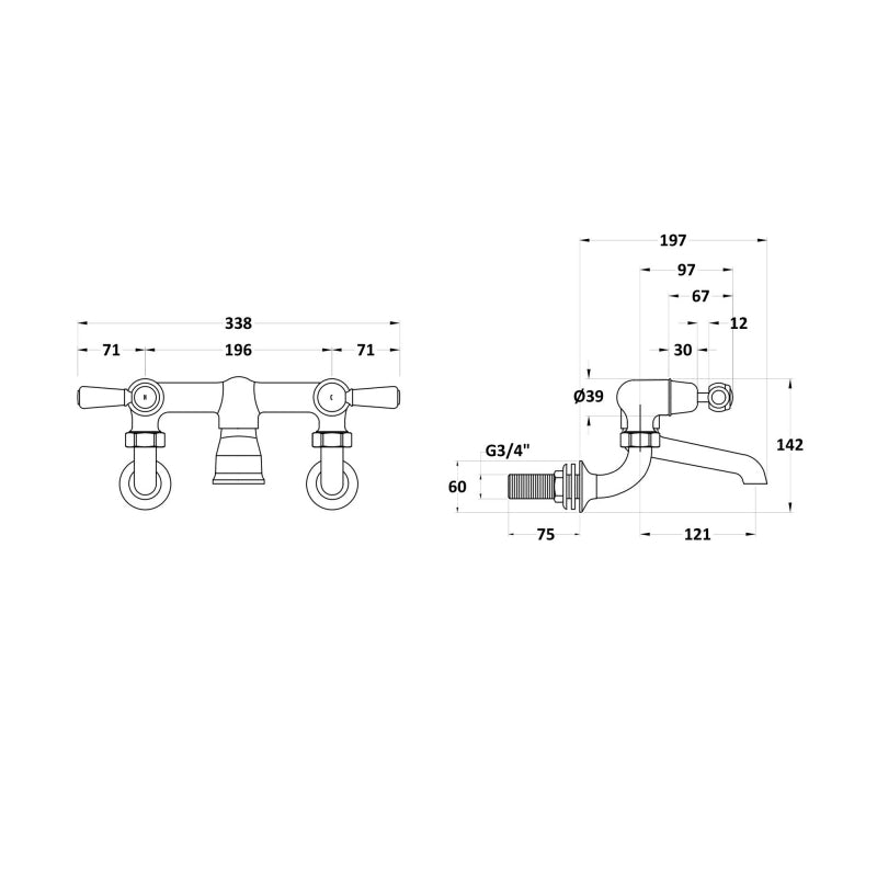 Crawford White Topaz Wall Mounted Lever Bath Filler Tap - Chrome