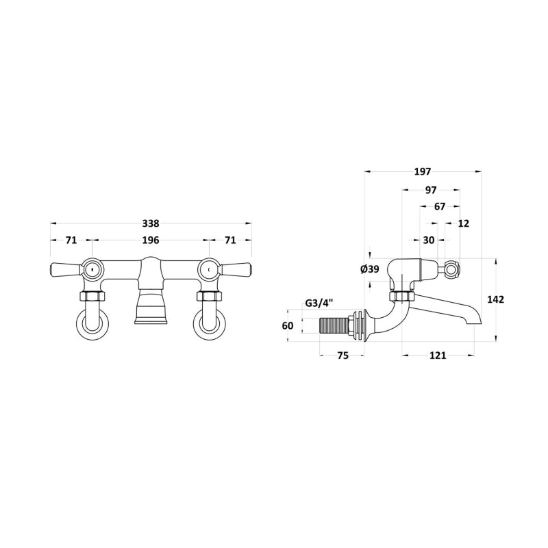 Crawford Black Topaz Wall Mounted Lever Bath Filler Tap - Chrome