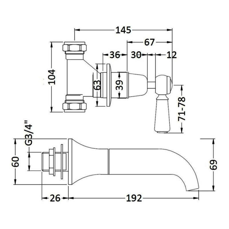 Crawford Topaz Lever Wall Mounted Bath Filler Tap - Chrome