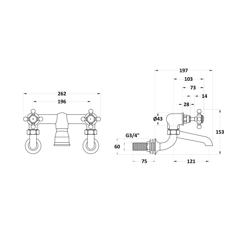 Crawford White Topaz Crosshead Bath Filler Tap Wall Mounted - Chrome