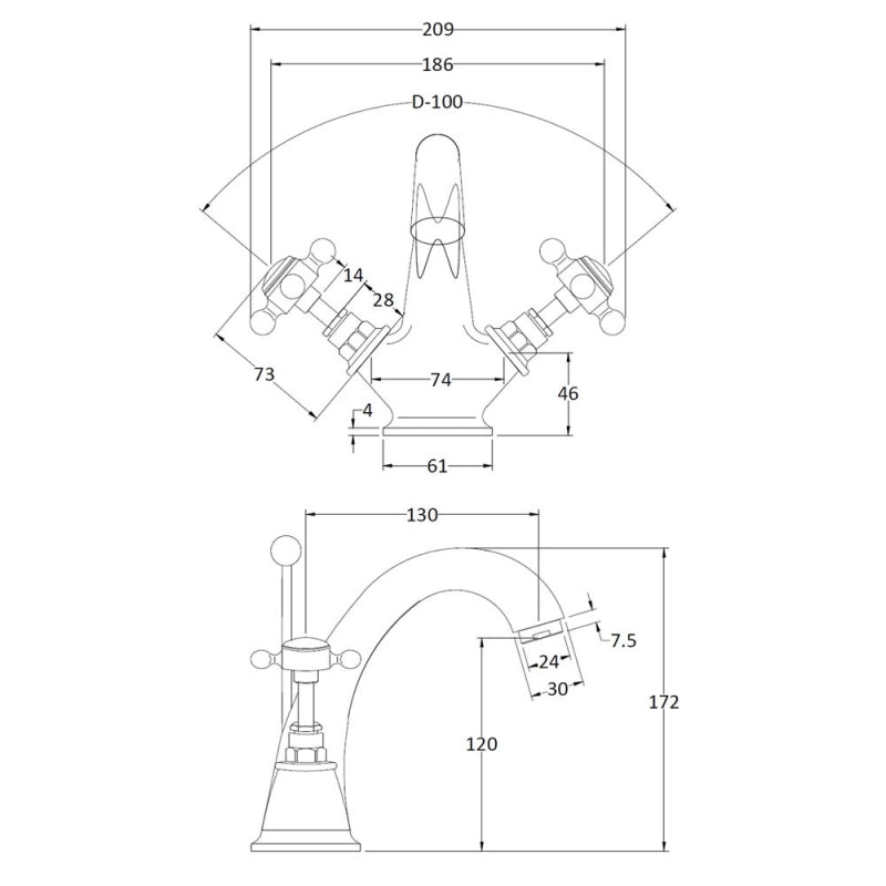 Crawford Topaz Black Crosshead Mono Basin Mixer Tap Hexagonal Collar with Waste - Chrome