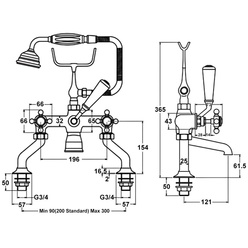 Crawford Topaz Black Crosshead Bath Shower Mixer Tap with Shower Kit Hexagonal Collar