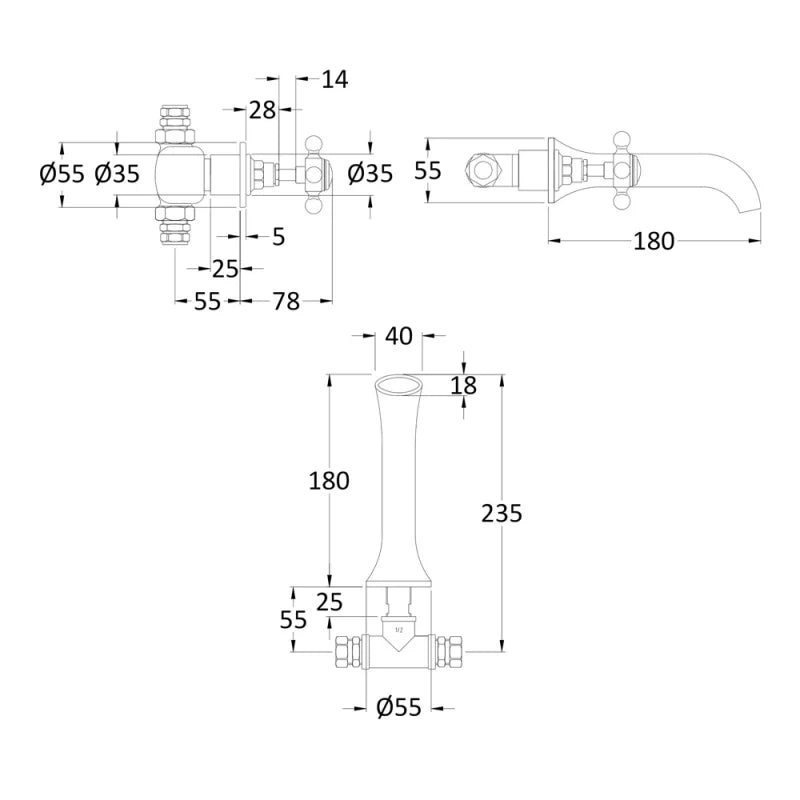 Crawford Topaz 3-Hole Basin Mixer Tap Wall Mounted - Brushed Brass