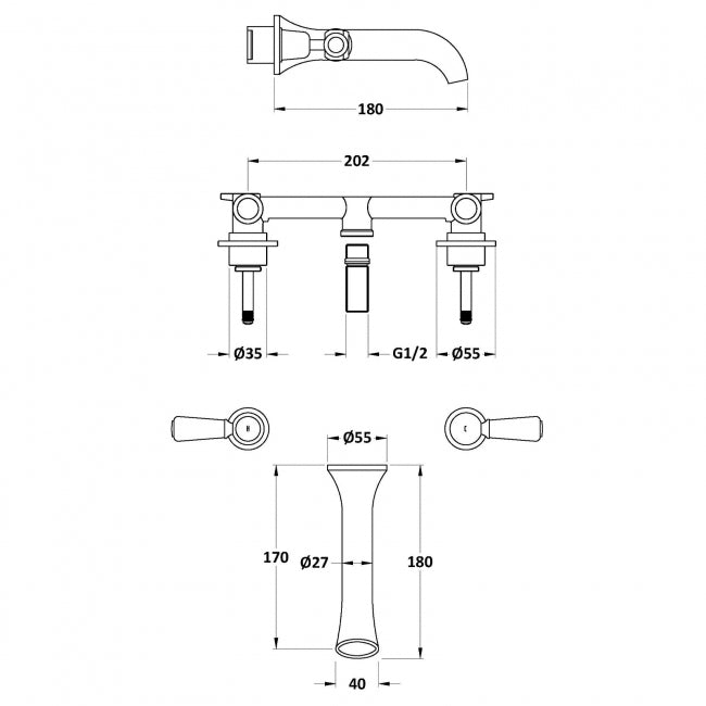 Crawford White Topaz Wall Mounted Lever 3-Hole Basin Mixer Tap - Chrome