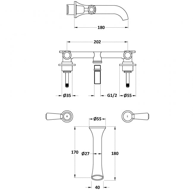 Crawford Black Topaz Wall Mounted Lever 3-Hole Basin Mixer Tap - Chrome