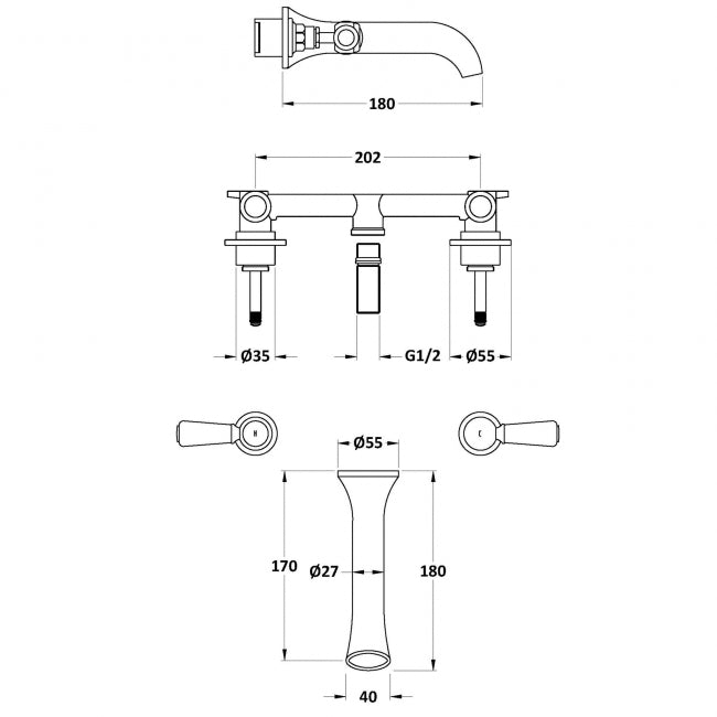 Crawford Black Topaz Lever 3-Hole Basin Mixer Tap Wall Mounted - Chrome