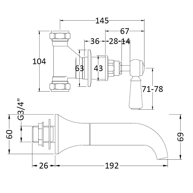 Crawford Topaz 3 Hole Dual Lever Wall Mounted Bath Tap - Chrome