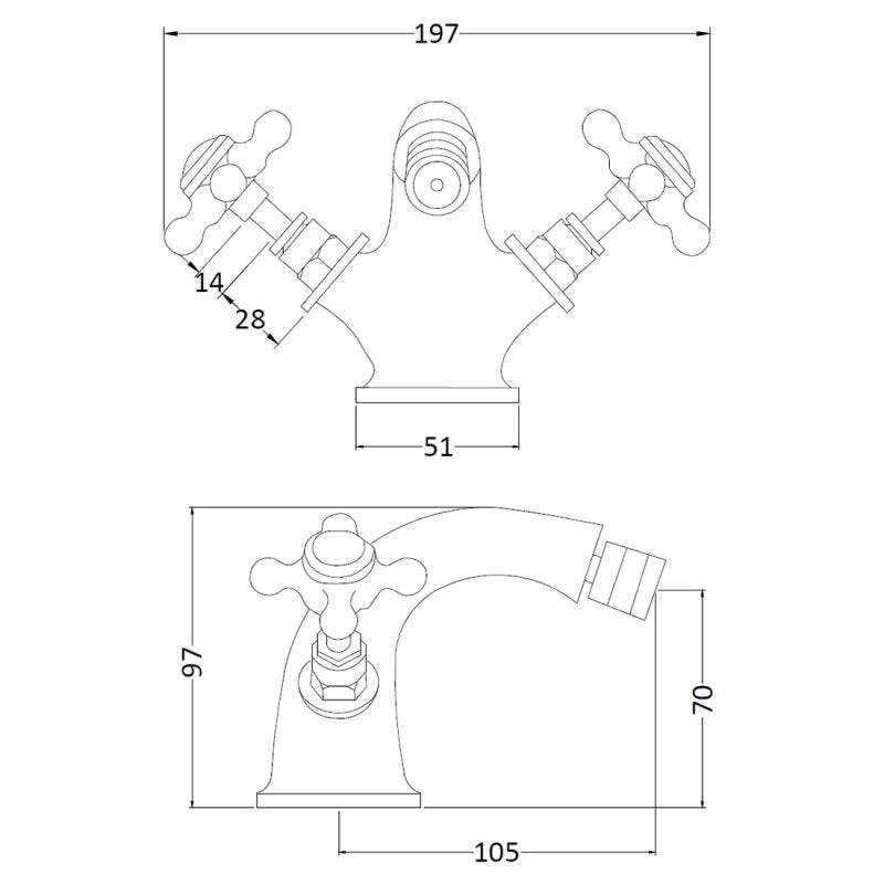 Crawford Topaz Hexagonal Collar Bidet Mixer Tap with Waste Crosshead Handle - Black/Chrome