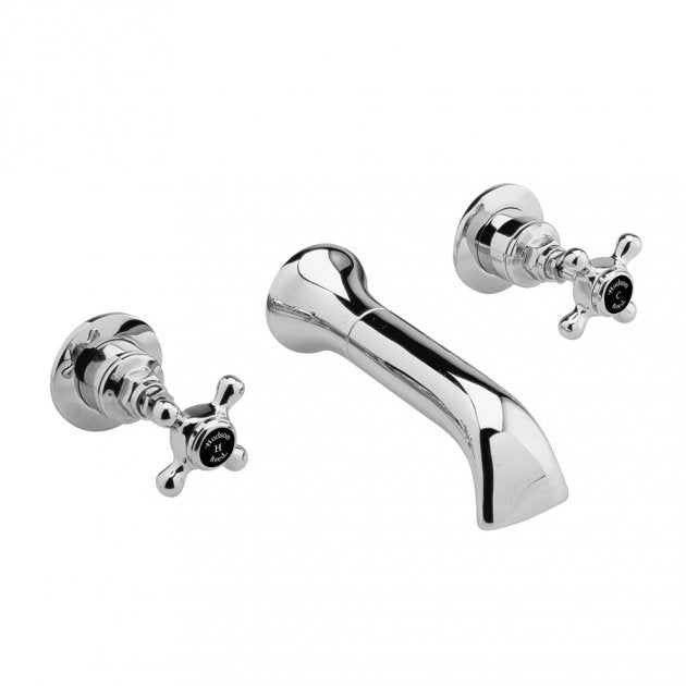 Crawford Black Topaz Crosshead 3-Hole Basin Mixer Tap Wall Mounted - Chrome