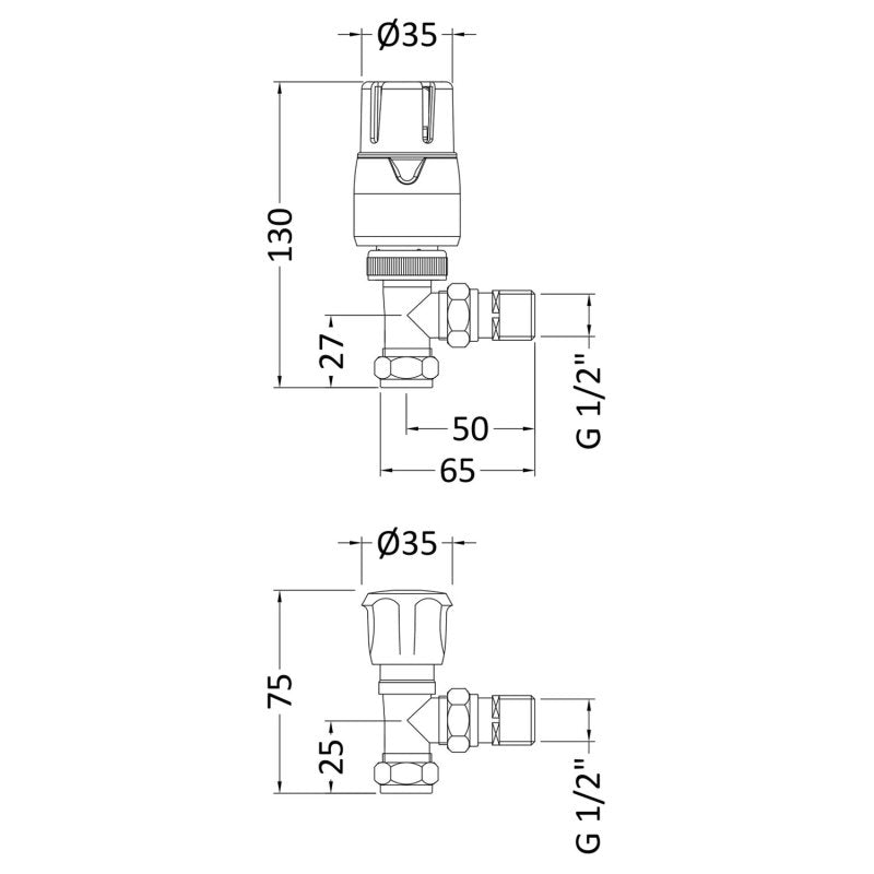 Crawford Angled Thermostatic Bi-Directional Radiator Valves Pair Lockshield - Chrome