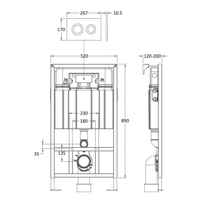 Crawford Mid-Height Wall Hung Toilet Frame with Dual Round Flush Plate Concealed Cistern - Chrome