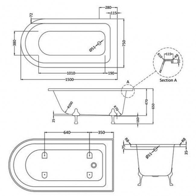 Crawford Winterburn Freestanding Bath 1500mm x 750mm - Pride Leg Set