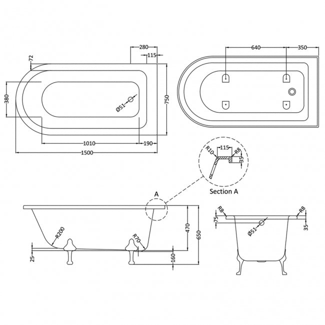 Crawford Winterburn Freestanding Bath 1500mm x 750mm - Deacon Leg Set