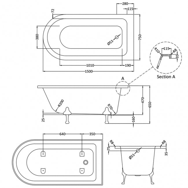 Crawford Winterburn Freestanding Bath 1500mm x 750mm - Corbel Leg Set