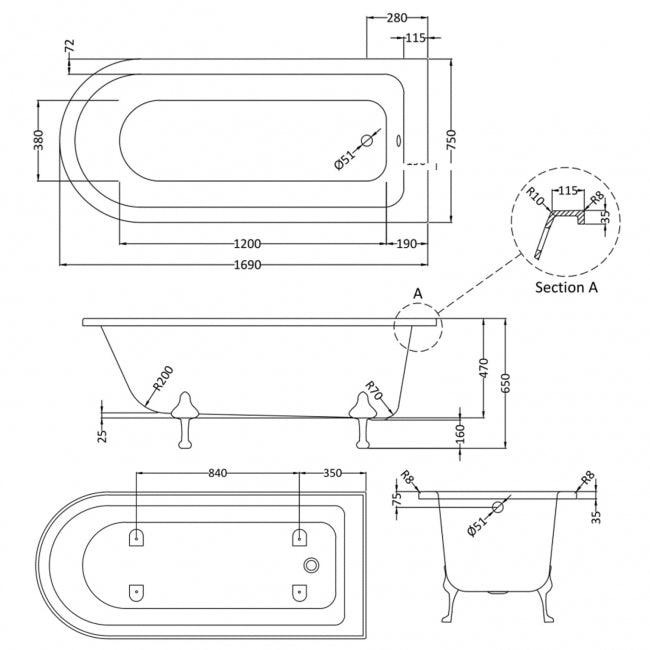 Crawford Winterburn Freestanding Bath 1700mm x 750mm - Pride Leg Set