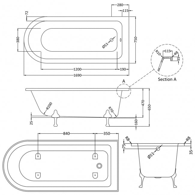 Crawford Winterburn Freestanding Bath 1700mm x 750mm - Deacon Leg Set