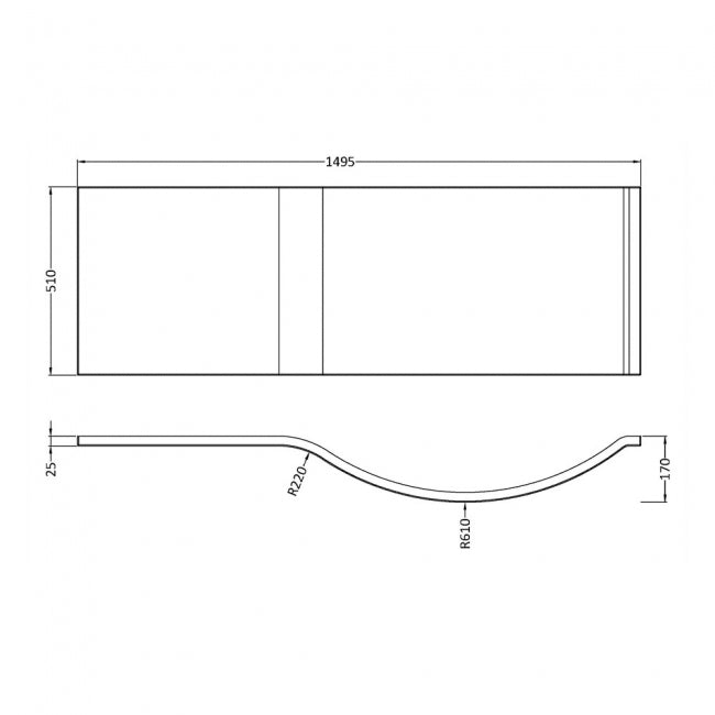 Crawford P-Shaped Shower Bath Front Panel 510mm H x 1500mm W - Acrylic