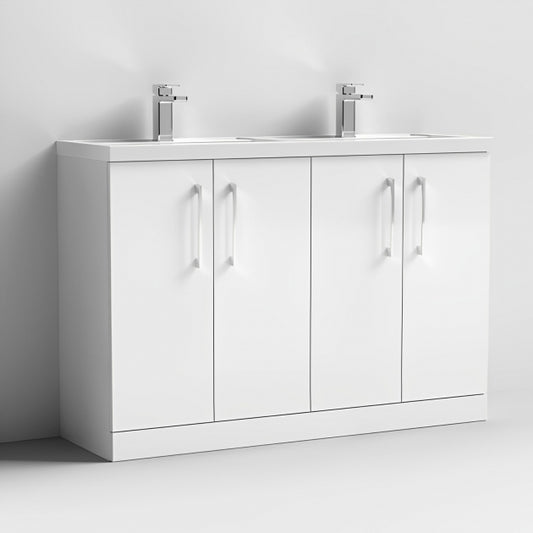 Crawford Arno Floor Standing 4-Door Vanity Unit with Double Polymarble Basin 1200mm Wide - Gloss White