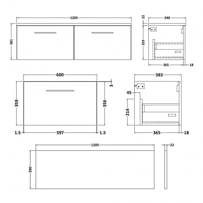 Crawford Arno Wall Hung 2-Drawer Vanity Unit with Carrera Marble Worktop 1200mm Wide - Gloss White