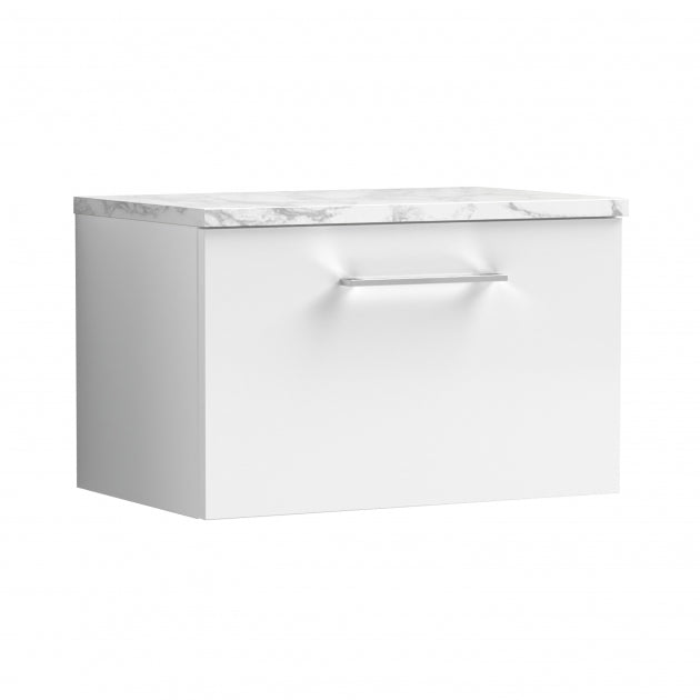 Crawford Arno Wall Hung 1-Drawer Vanity Unit with Carrera Marble Worktop 600mm Wide - Gloss White