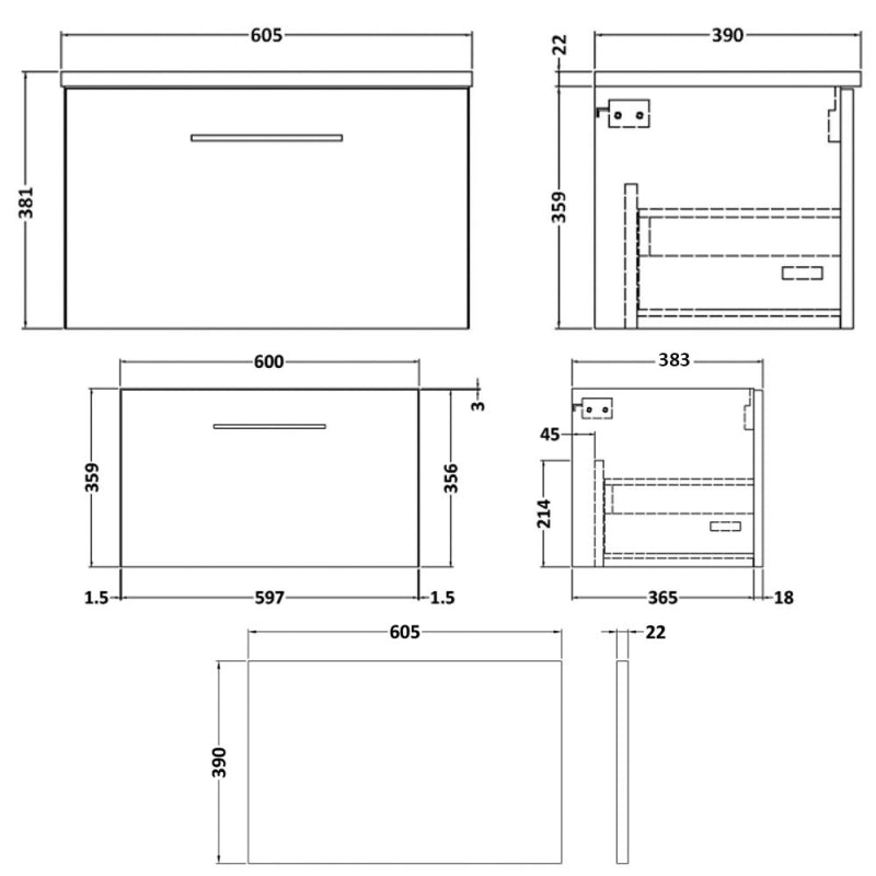 Crawford Arno Wall Hung 1-Drawer Vanity Unit with Bellato Grey Worktop 600mm Wide - Gloss White