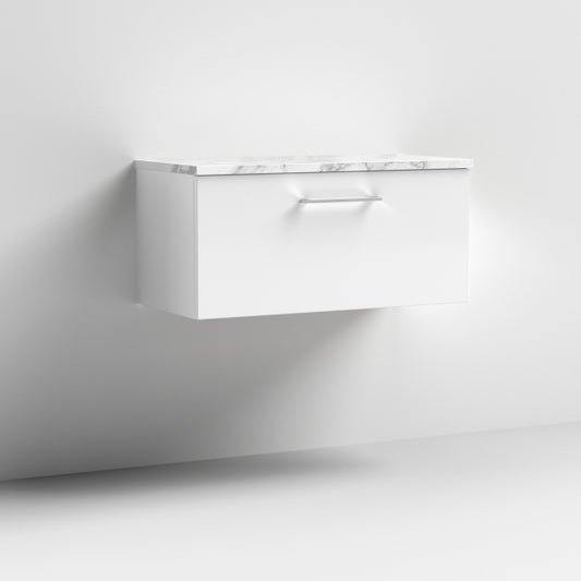 Crawford Arno Wall Hung 1-Drawer Vanity Unit with Carrera Marble Worktop 800mm Wide - Gloss White