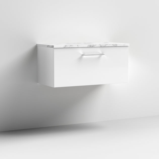 Crawford Arno Wall Hung 1-Drawer Vanity Unit with Carrera Marble Worktop 800mm Wide - Gloss White