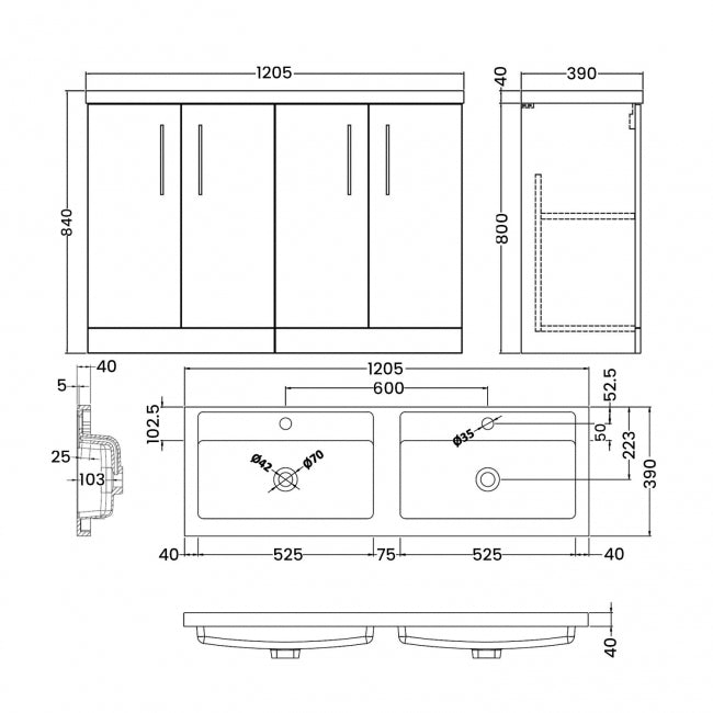 Crawford Arno Floor Standing 4-Door Vanity Unit with Double Polymarble Basin 1200mm Wide - Gloss White