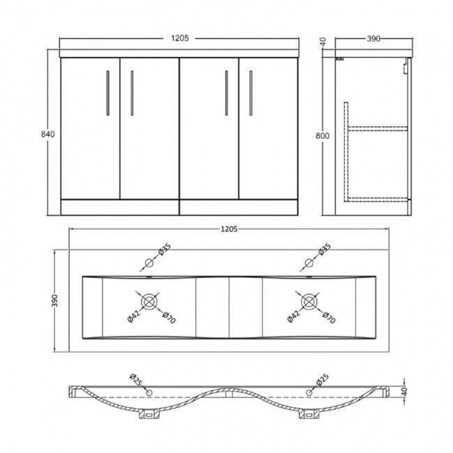 Crawford Arno Floor Standing 4-Door Vanity Unit with Double Ceramic Basin 1200mm Wide - Gloss White