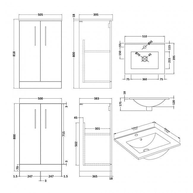 Crawford Arno Floor Standing 2-Door Vanity Unit with Basin-2 500mm Wide - Gloss White