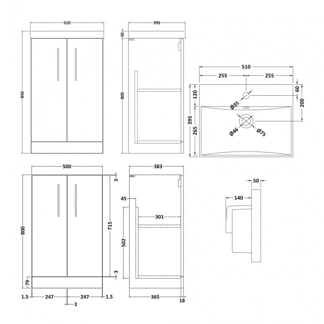 Crawford Arno Floor Standing 2-Door Vanity Unit with Basin-3 500mm Wide - Gloss White