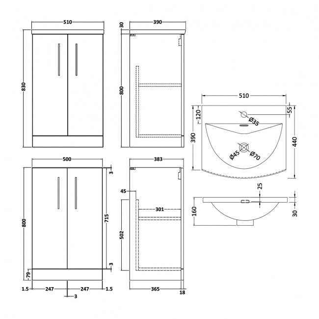 Crawford Arno Floor Standing 2-Door Vanity Unit with Basin-4 500mm Wide - Gloss White