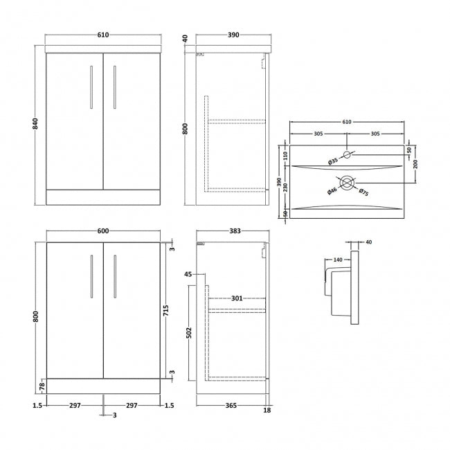 Arno 600mm 2-Door Floor Standing Vanity Unit