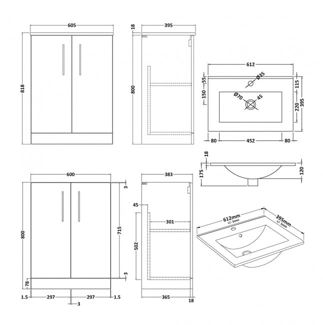 Crawford Arno Floor Standing 2-Door Vanity Unit with Basin-2 600mm Wide - Gloss White