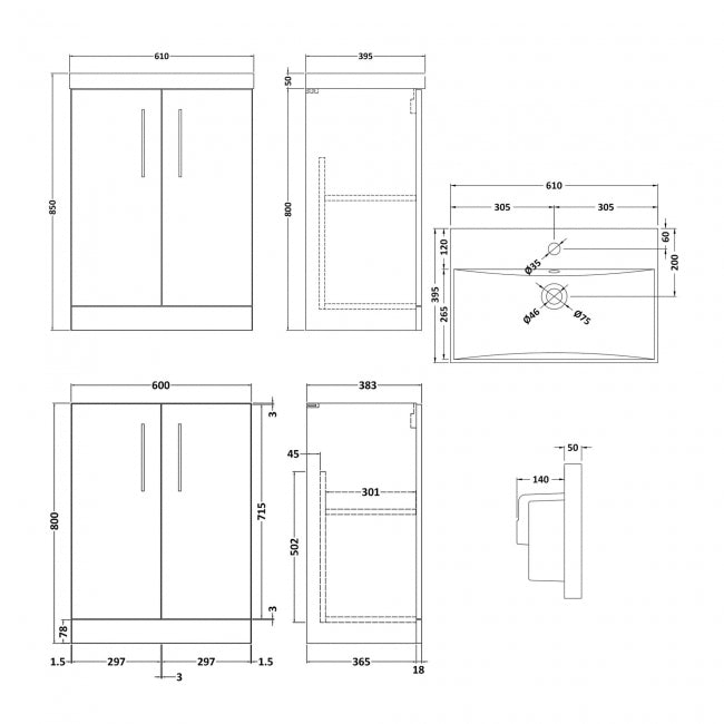 Crawford Arno Floor Standing 2-Door Vanity Unit with Basin-3 600mm Wide - Gloss White