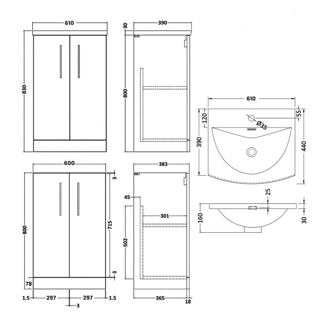 Crawford Arno Floor Standing 2-Door Vanity Unit with Basin-4 600mm Wide - Gloss White