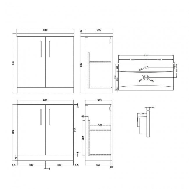 Arno 800mm 2-Door Floor Standing Vanity Unit