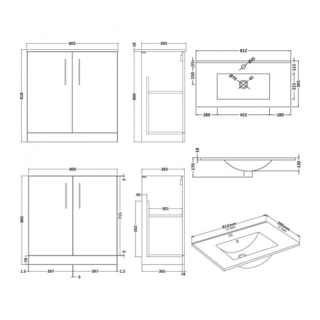 Crawford Arno Floor Standing 2-Door Vanity Unit with Basin-2 800mm Wide - Gloss White