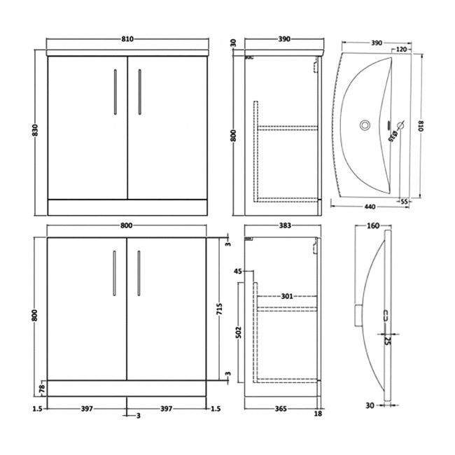 Crawford Arno Floor Standing 2-Door Vanity Unit with Basin-4 800mm Wide - Gloss White