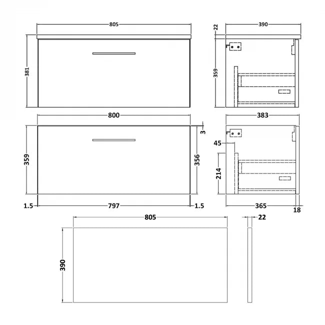 Crawford Arno Wall Hung 1-Drawer Vanity Unit with Sparkling White Worktop 800mm Wide - Gloss White