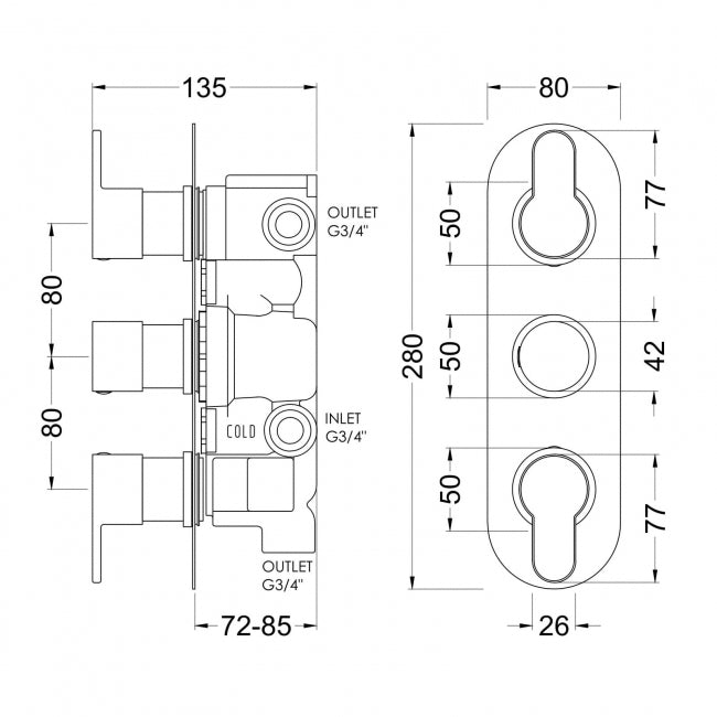 Crawford Arvan Thermostatic Concealed Shower Valve with Diverter Triple Handle - Brushed Bronze