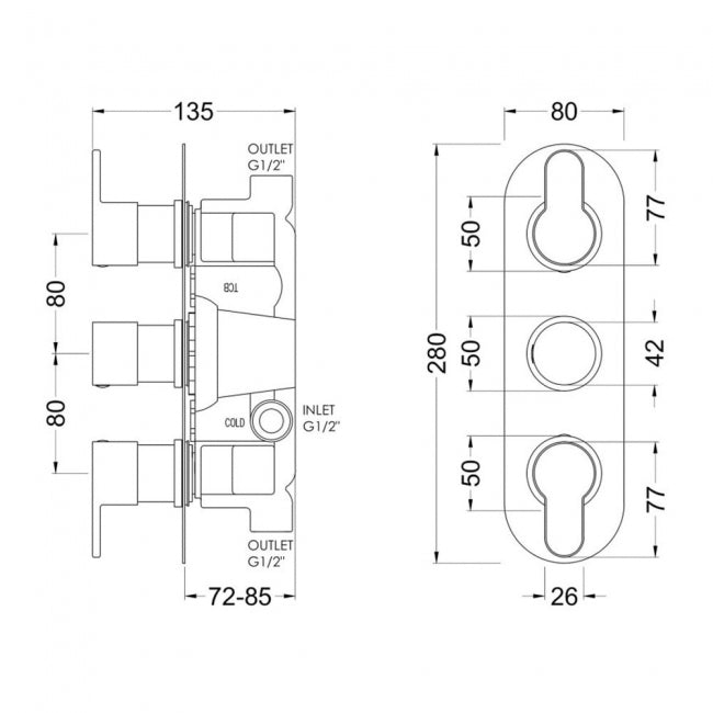 Crawford Arvan Thermostatic Concealed Shower Valve Triple Handle - Brushed Pewter