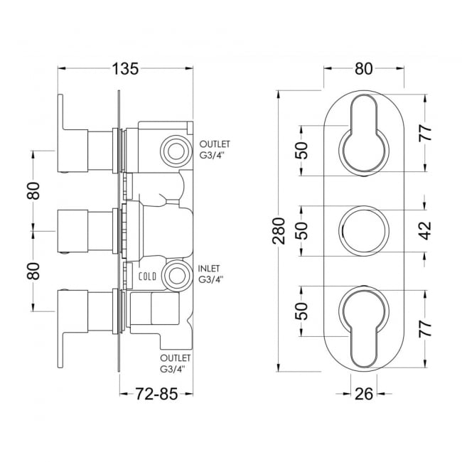 Crawford Arvan Thermostatic Concealed Shower Valve with Diverter Triple Handle - Brushed Pewter