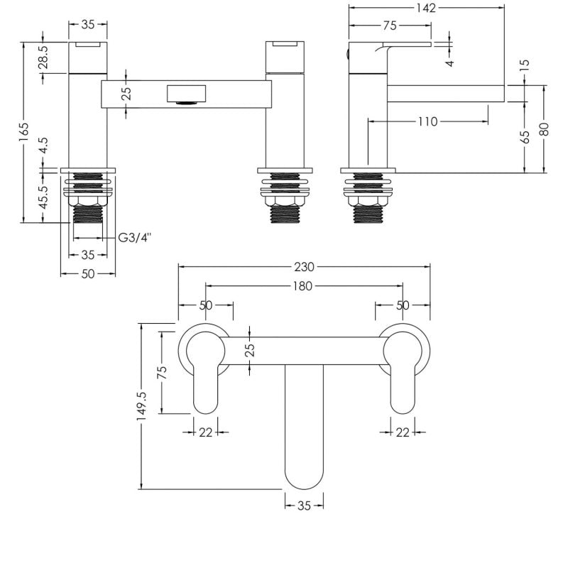 Crawford Arvan Pillar Mounted Bath Filler Tap - Brushed Pewter